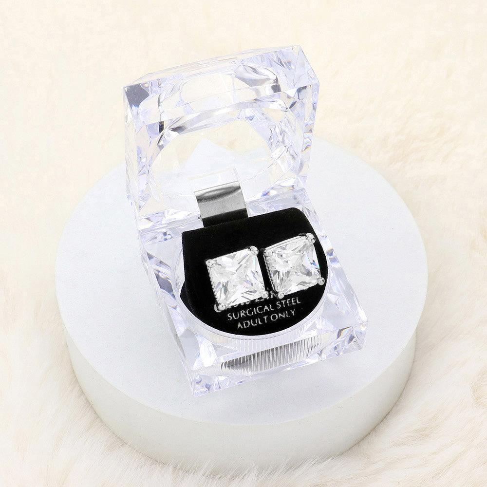 Silver 12mm Square Crystal Cubic Zirconia CZ Stud Earrings with Clear Box - Jewelry Store by Erik Rayo