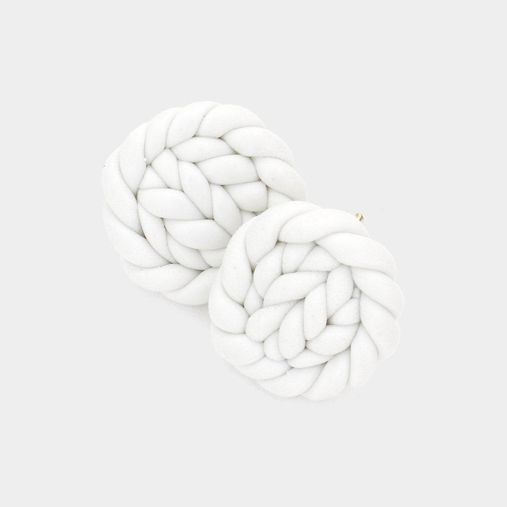 White Braided Round Polymer Clay Stud Earrings