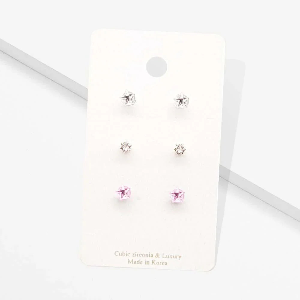Pink 3Pairs - CZ Star Round Stud Earrings - Jewelry Store by Erik Rayo