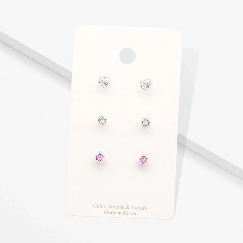 Pink 3Pairs - CZ Heart Round Stud Earrings - Jewelry Store by Erik Rayo