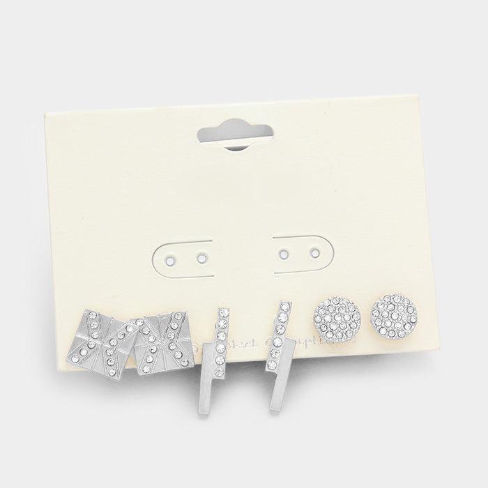 Silver 3 Pairs - geo crystal & metal stud earrings - Jewelry Store by Erik Rayo