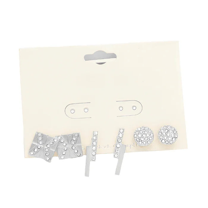 Silver 3 Pairs - geo crystal & metal stud earrings - Jewelry Store by Erik Rayo