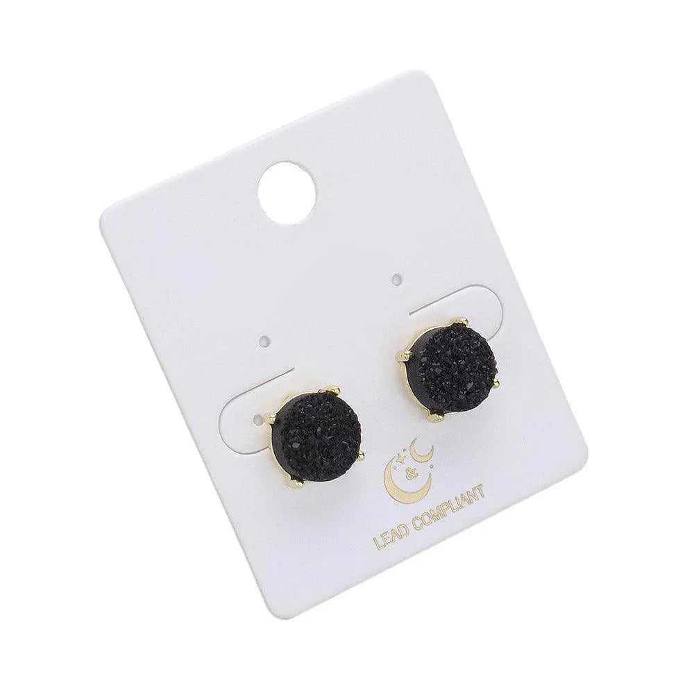 Black Round Druzy Stud Earrings