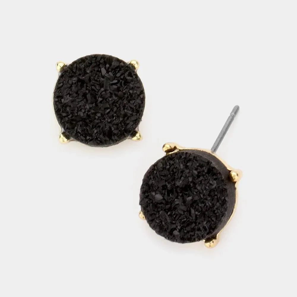 Black Round Druzy Stud Earrings