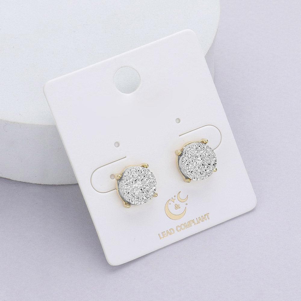 Silver Round Druzy Stud Earrings