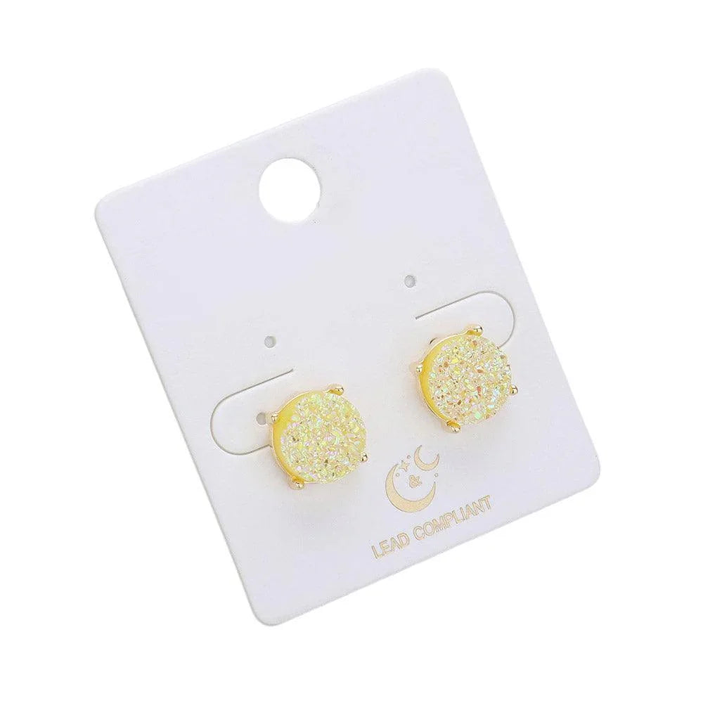 Yellow Round Druzy Stud Earrings