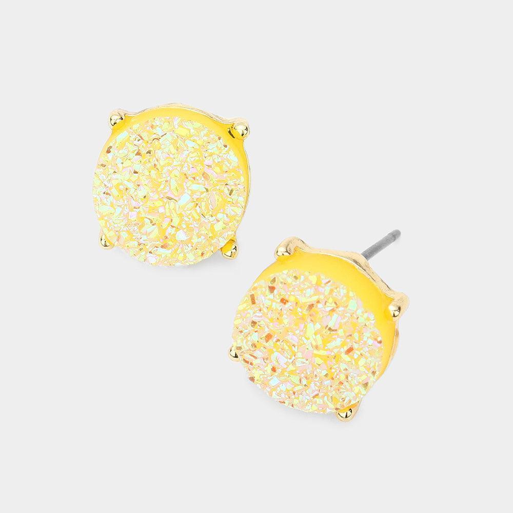 Yellow Round Druzy Stud Earrings