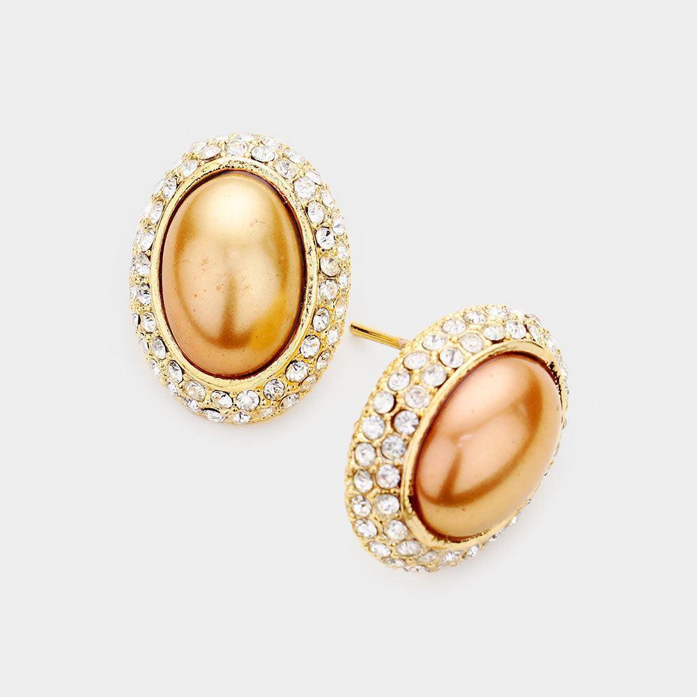 Brown Rhinestone Embellished Oval Pearl Stud Earrings - Jewelry Store by Erik Rayo