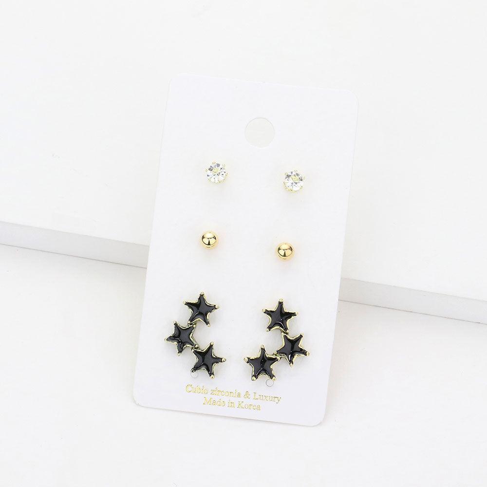 Black 3Pairs - CZ Round Metal Ball Enamel Triple Star Stud Earrings
