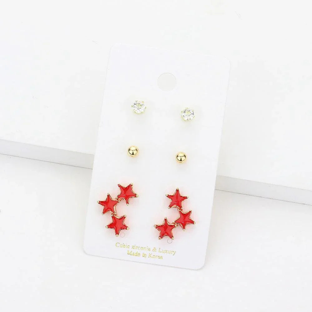 Red 3Pairs - CZ Round Metal Ball Enamel Triple Star Stud Earrings - Jewelry Store by Erik Rayo