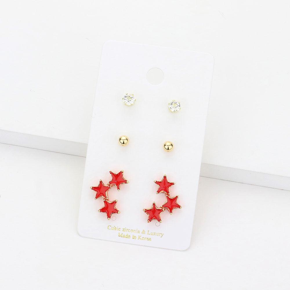 Red 3Pairs - CZ Round Metal Ball Enamel Triple Star Stud Earrings