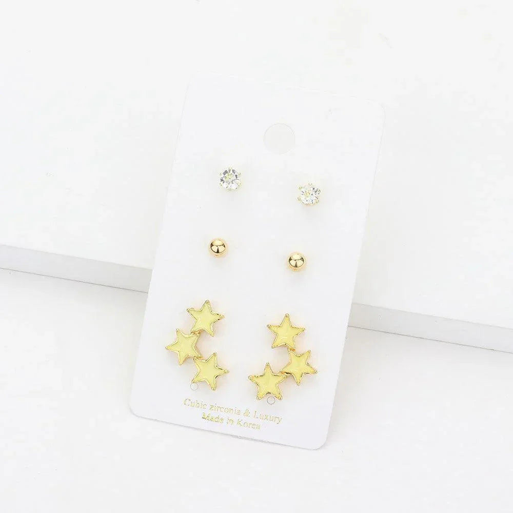 Yellow 3Pairs - CZ Round Metal Ball Enamel Triple Star Stud Earrings - Jewelry Store by Erik Rayo