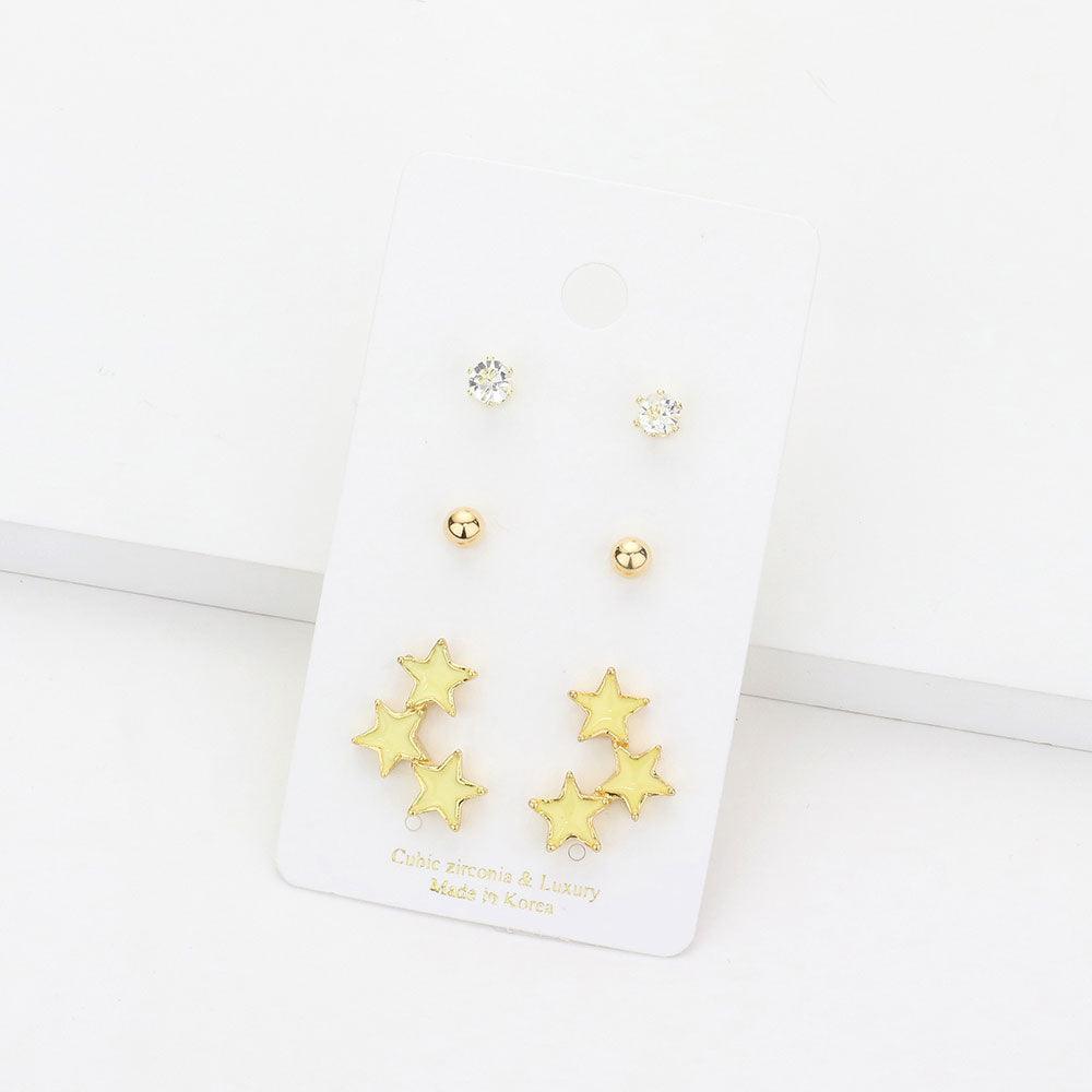 Yellow 3Pairs - CZ Round Metal Ball Enamel Triple Star Stud Earrings