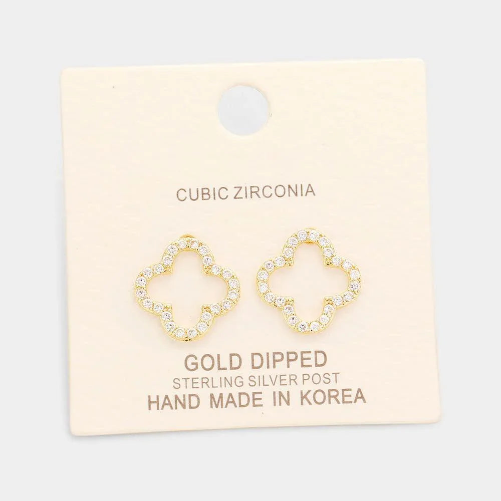 Silver Gold Dipped Cubic Zirconia Clover Stud Earrings - Jewelry Store by Erik Rayo