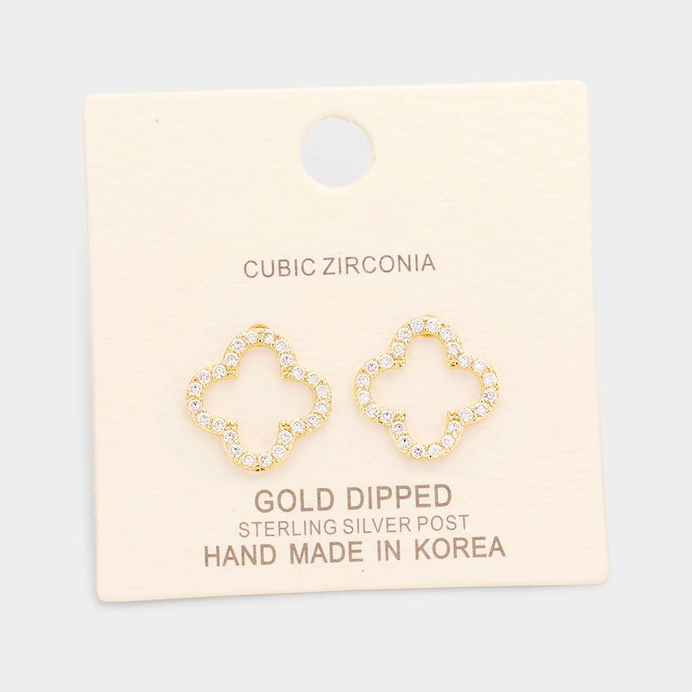 Silver Gold Dipped Cubic Zirconia Clover Stud Earrings