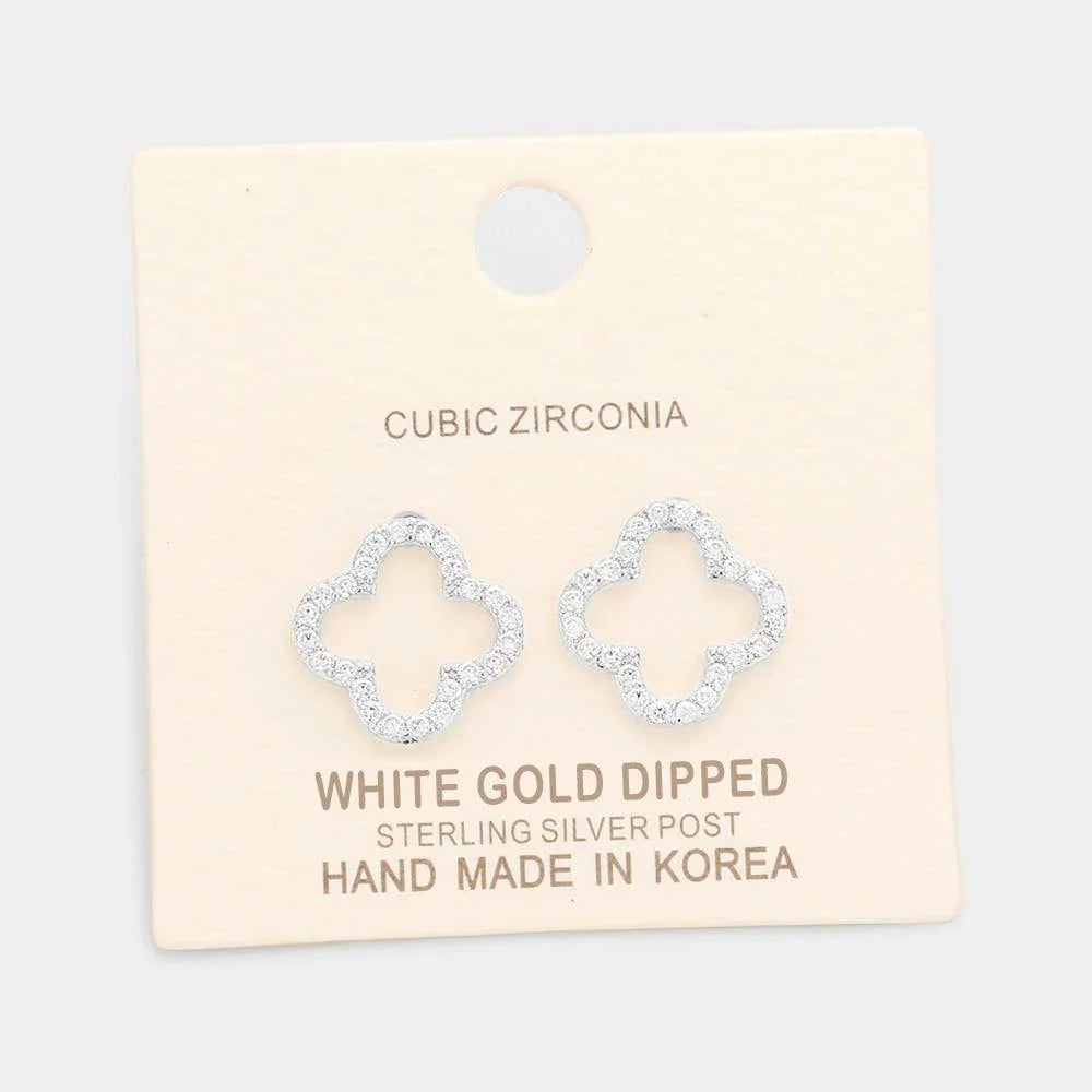 Silver White Gold Dipped Cubic Zirconia Clover Stud Earrings - Jewelry Store by Erik Rayo