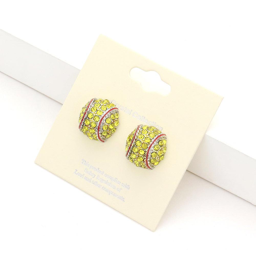 Yellow Rhinestone Embellished Softball Stud Earrings