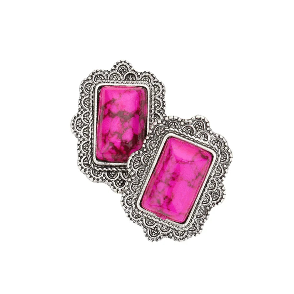 Fuchsia Natural Stone Rectangle Antique Metal Stud Earrings - Jewelry Store by Erik Rayo
