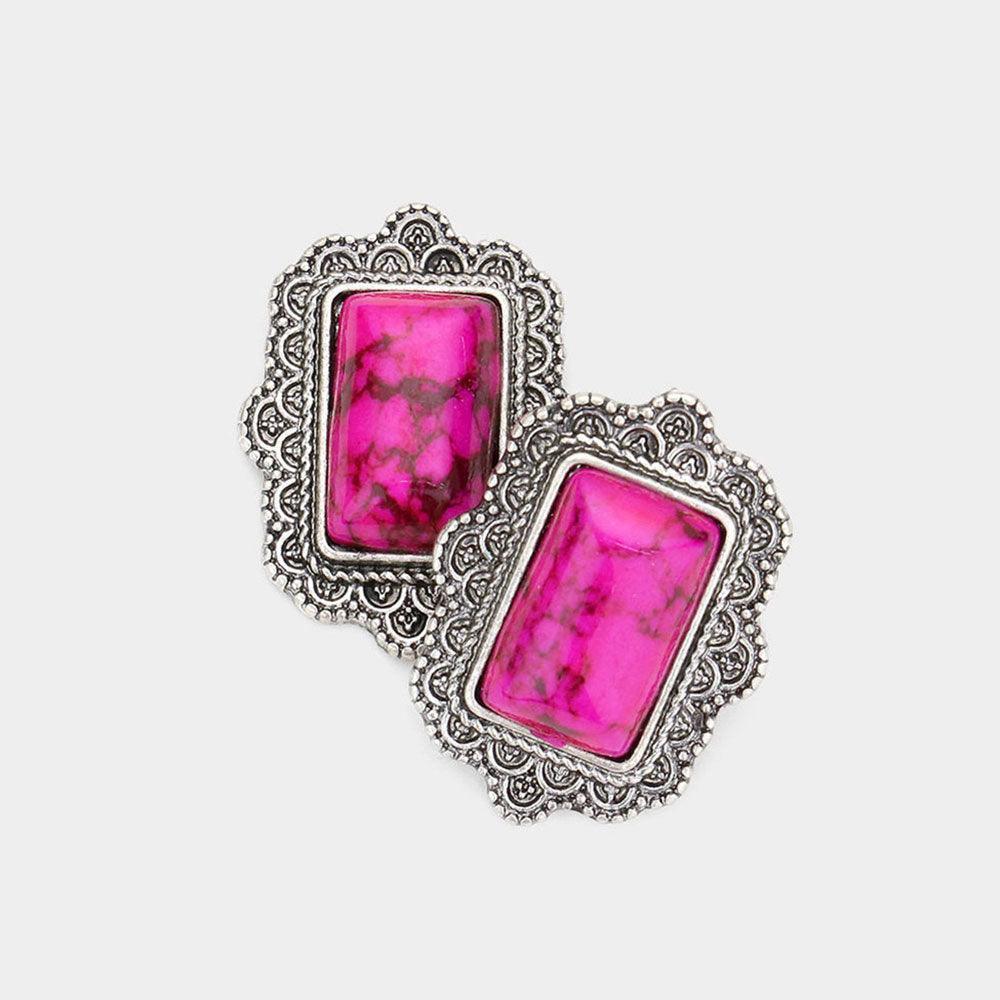 Fuchsia Natural Stone Rectangle Antique Metal Stud Earrings - Jewelry Store by Erik Rayo