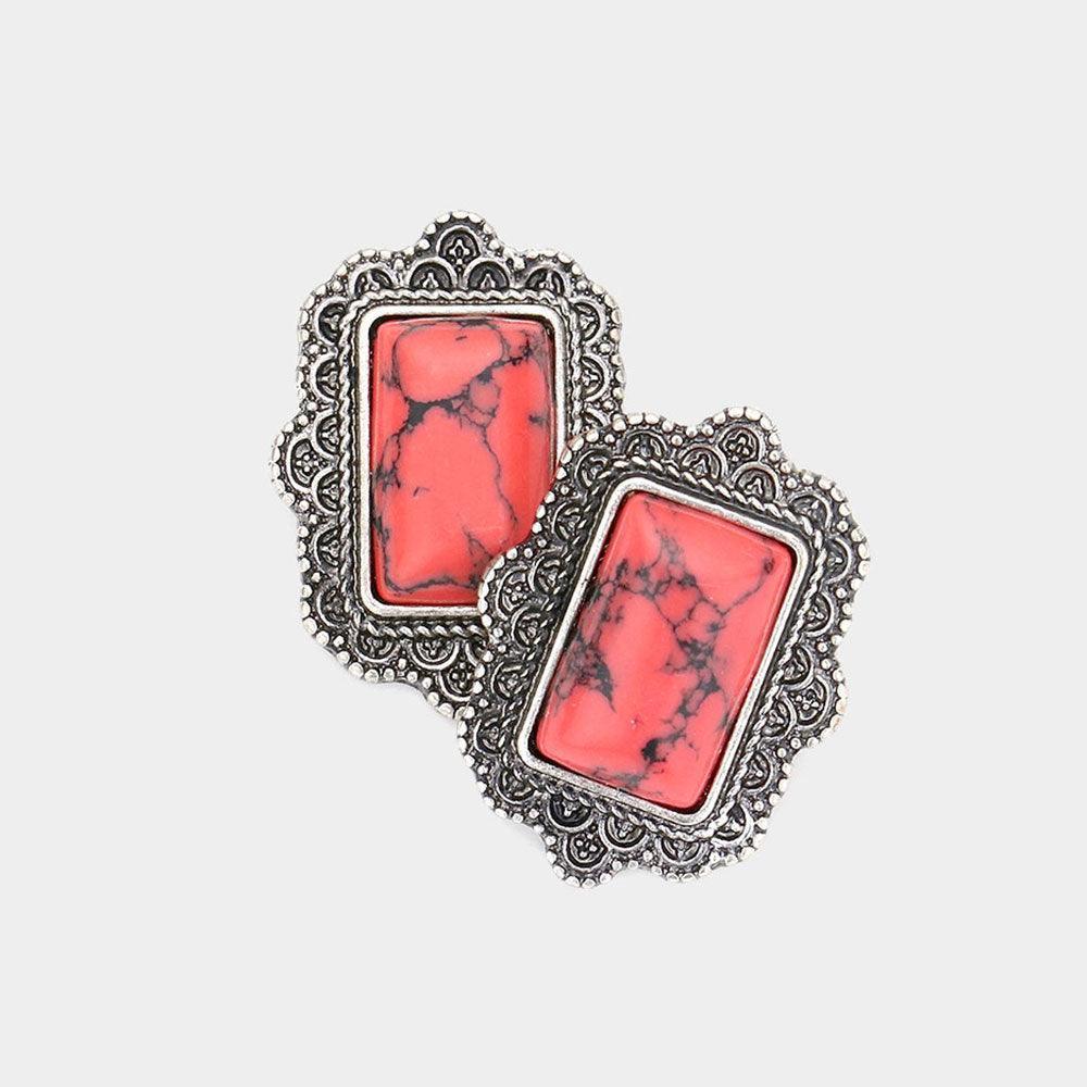 Red Natural Stone Rectangle Antique Metal Stud Earrings - Jewelry Store by Erik Rayo