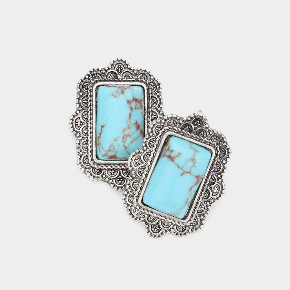 Turquoise Natural Stone Rectangle Antique Metal Stud Earrings