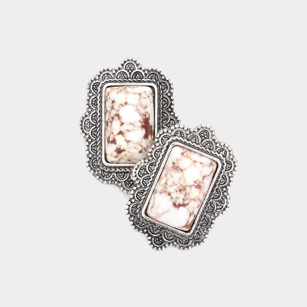 White Natural Stone Rectangle Antique Metal Stud Earrings - Jewelry Store by Erik Rayo