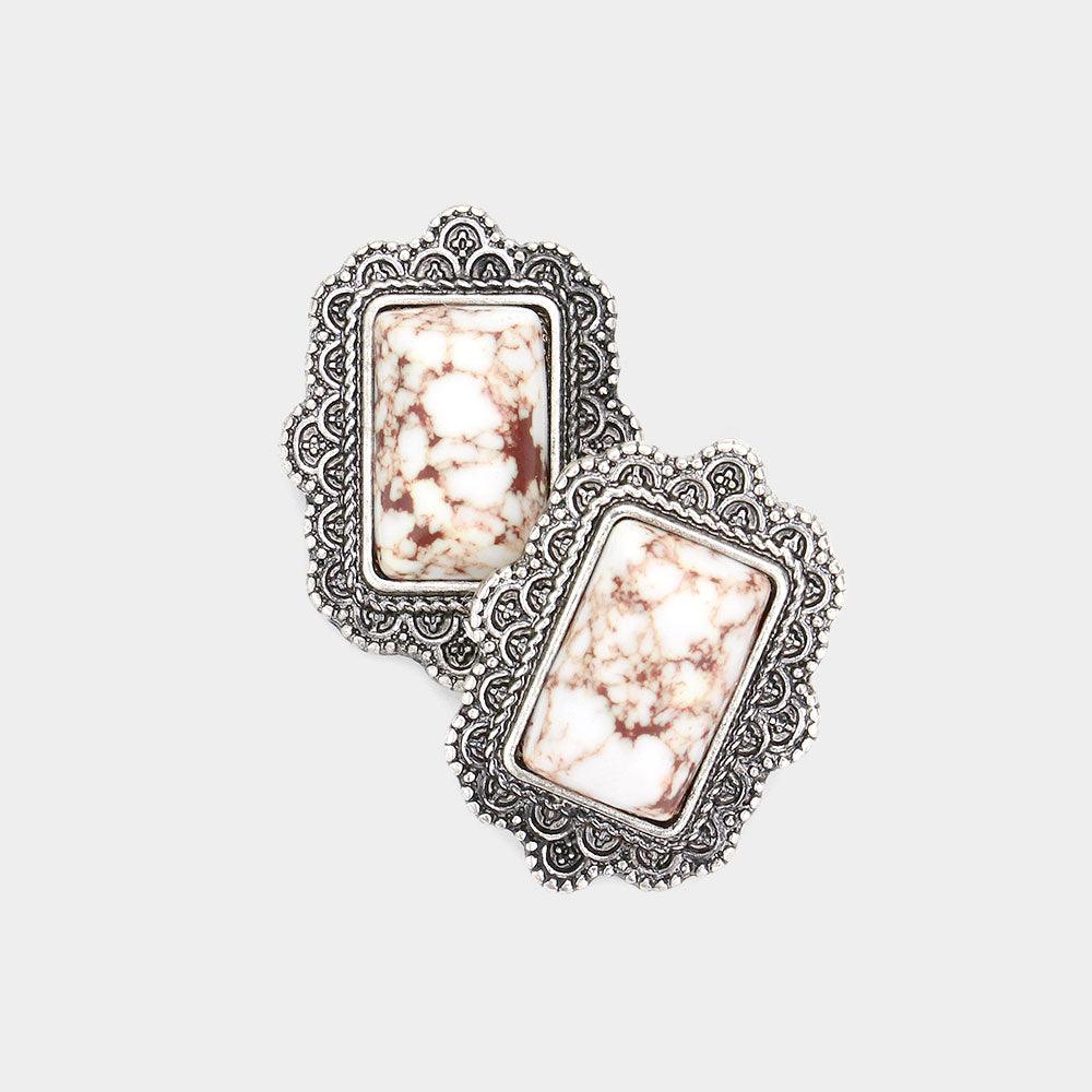 White Natural Stone Rectangle Antique Metal Stud Earrings