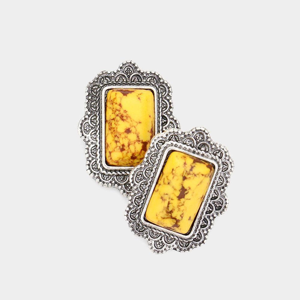 Yellow Natural Stone Rectangle Antique Metal Stud Earrings - Jewelry Store by Erik Rayo