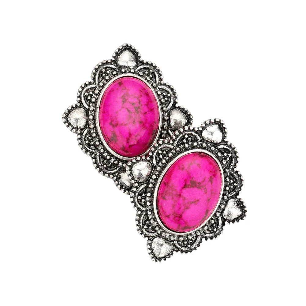 Fuchsia Oval Natural Stone Antique Metal Stud Earrings - Jewelry Store by Erik Rayo