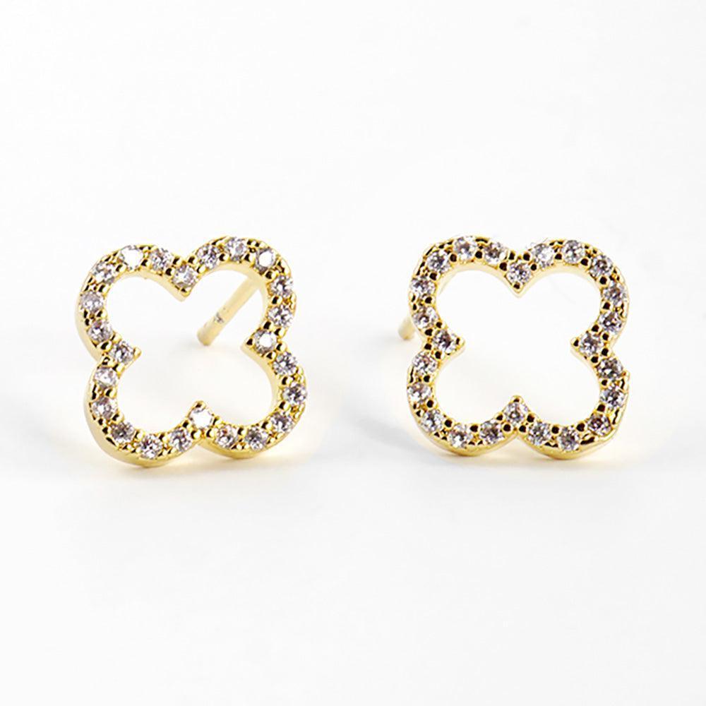 Silver Gold Dipped CZ Embellished Quatrefoil Stud Earrings - Jewelry Store by Erik Rayo
