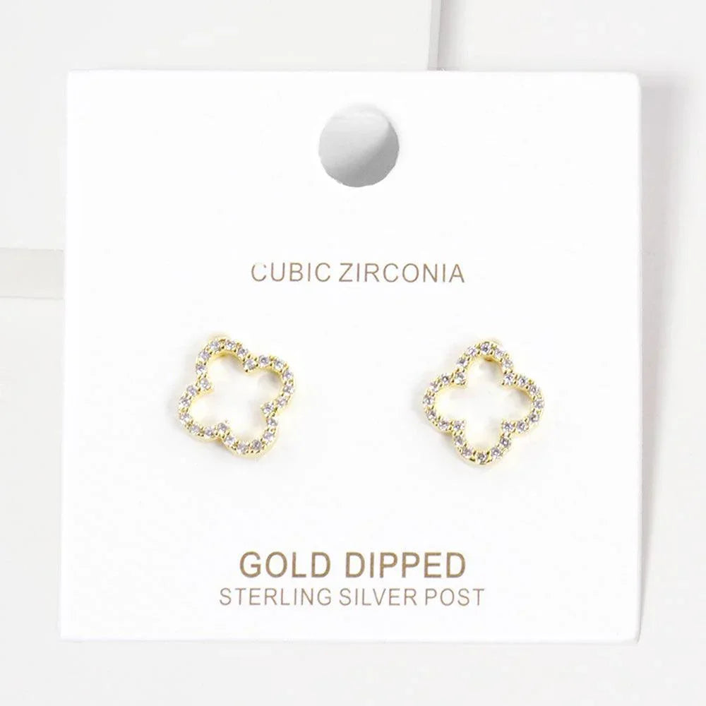 Silver Gold Dipped CZ Embellished Quatrefoil Stud Earrings - Jewelry Store by Erik Rayo
