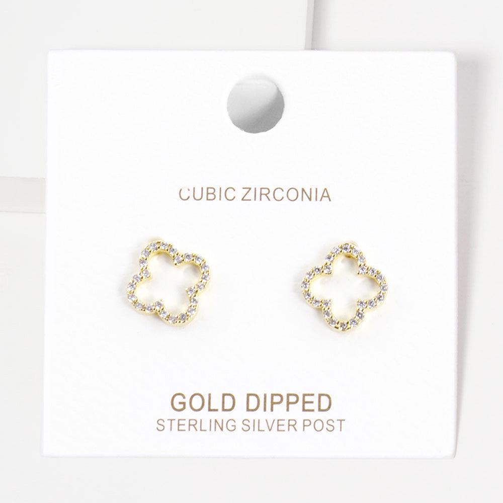 Silver Gold Dipped CZ Embellished Quatrefoil Stud Earrings