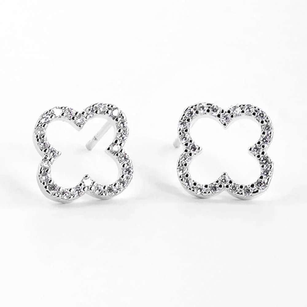 Silver White Gold Dipped CZ Embellished Quatrefoil Stud Earrings - Jewelry Store by Erik Rayo