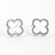 Load image into Gallery viewer, Silver White Gold Dipped CZ Embellished Quatrefoil Stud Earrings
