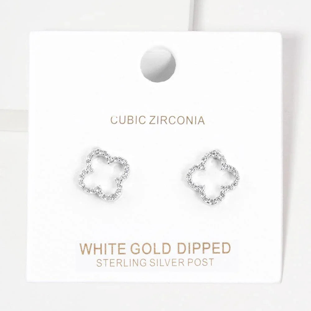 Silver White Gold Dipped CZ Embellished Quatrefoil Stud Earrings - Jewelry Store by Erik Rayo