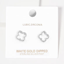 Load image into Gallery viewer, Silver White Gold Dipped CZ Embellished Quatrefoil Stud Earrings
