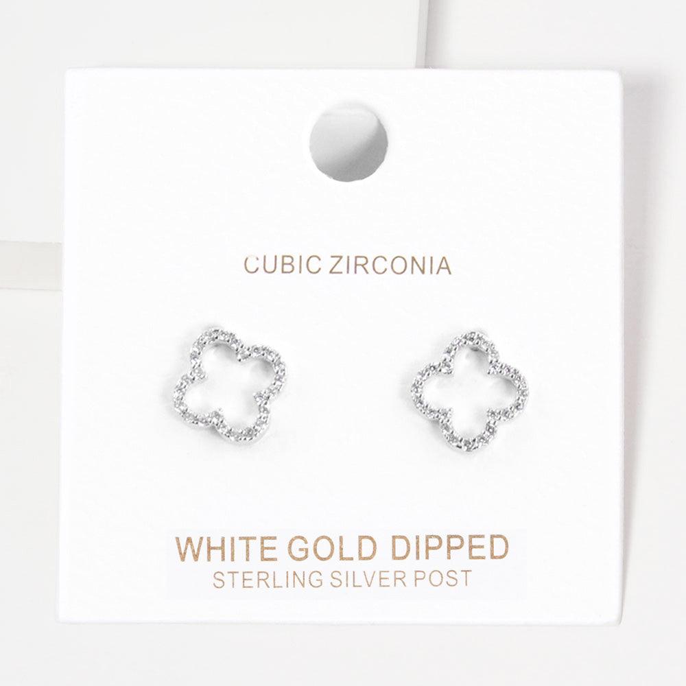 Silver White Gold Dipped CZ Embellished Quatrefoil Stud Earrings