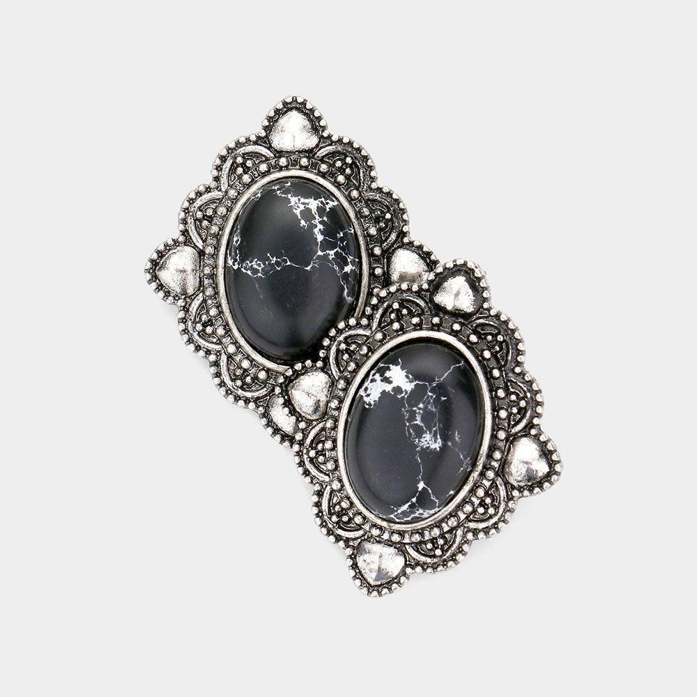 Black Oval Natural Stone Antique Metal Stud Earrings - Jewelry Store by Erik Rayo