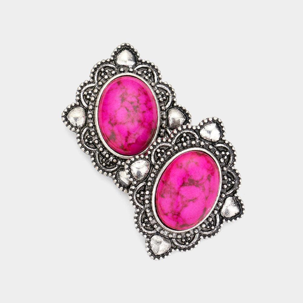 Fuchsia Oval Natural Stone Antique Metal Stud Earrings - Jewelry Store by Erik Rayo