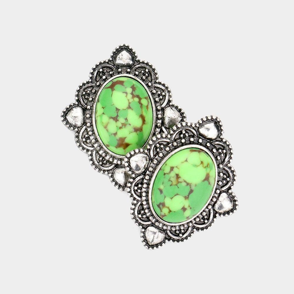 Green Oval Natural Stone Antique Metal Stud Earrings - Jewelry Store by Erik Rayo