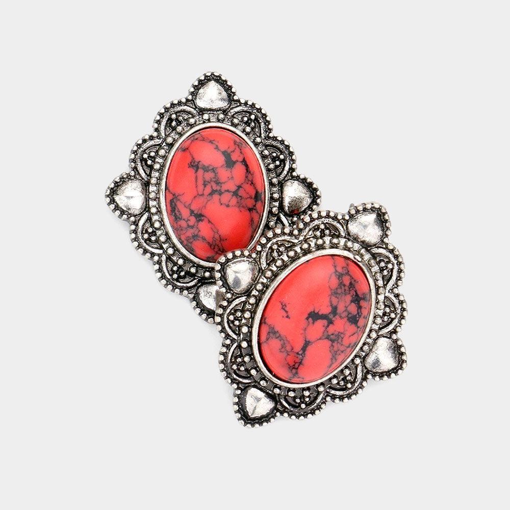 Red Oval Natural Stone Antique Metal Stud Earrings - Jewelry Store by Erik Rayo