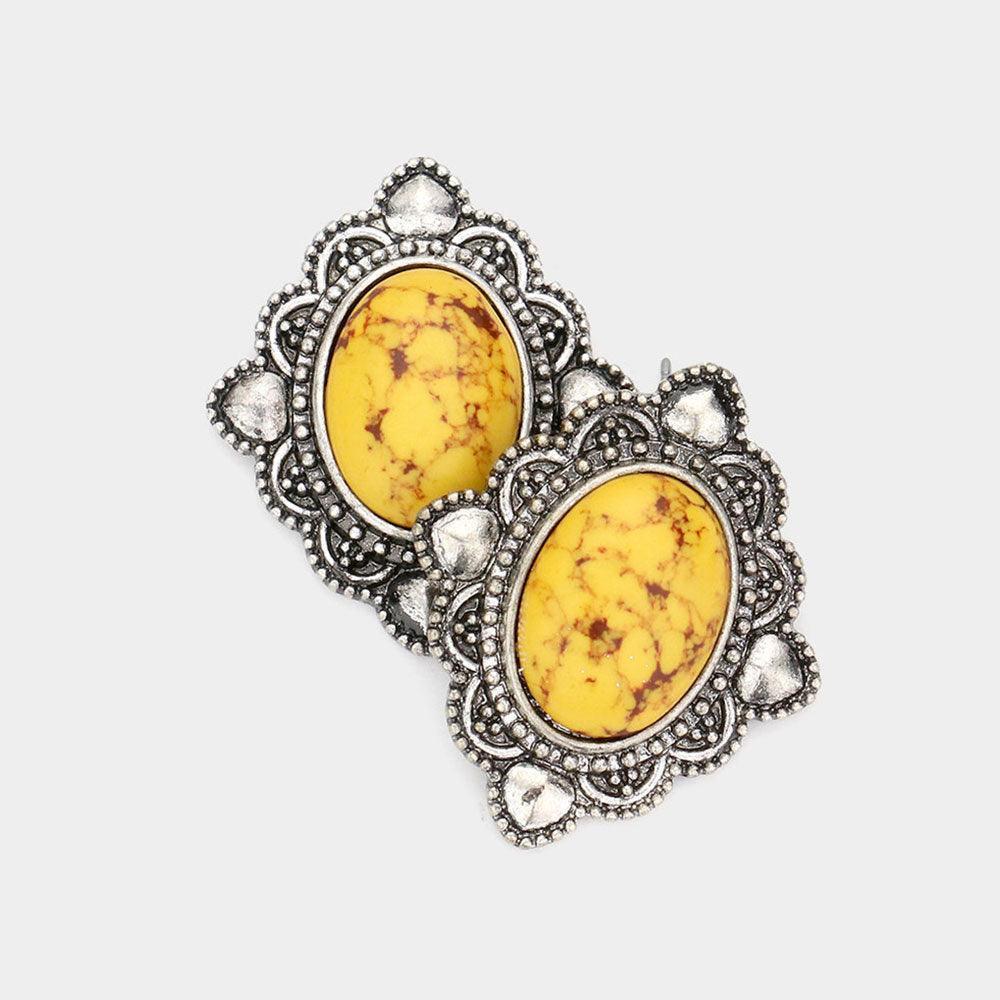 Yellow Oval Natural Stone Antique Metal Stud Earrings - Jewelry Store by Erik Rayo