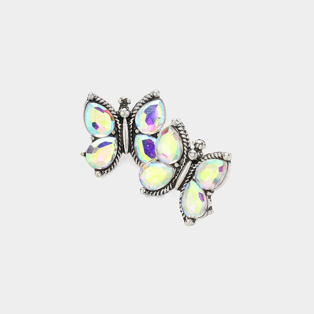 Silver Stone Cluster Butterfly Stud Earrings