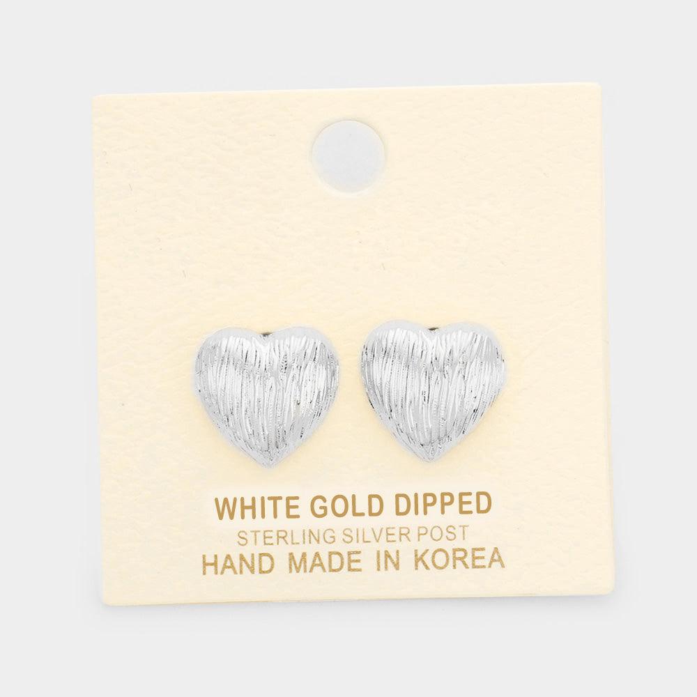 Silver White Gold Dipped Heart Stud Earrings