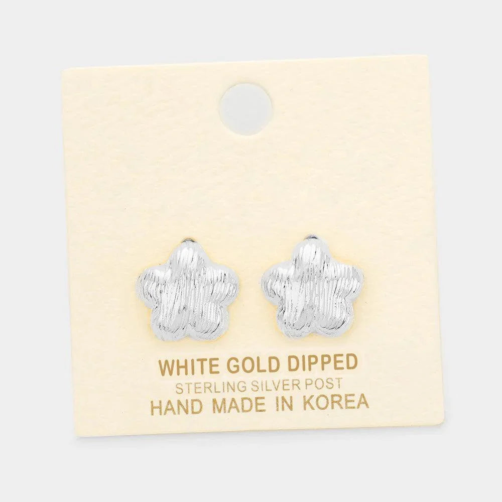 Silver White Gold Dipped Floral Stud Earrings - Jewelry Store by Erik Rayo