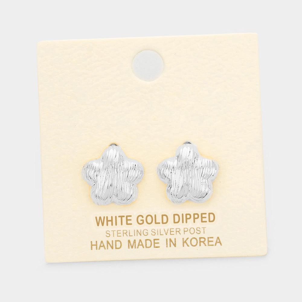 Silver White Gold Dipped Floral Stud Earrings