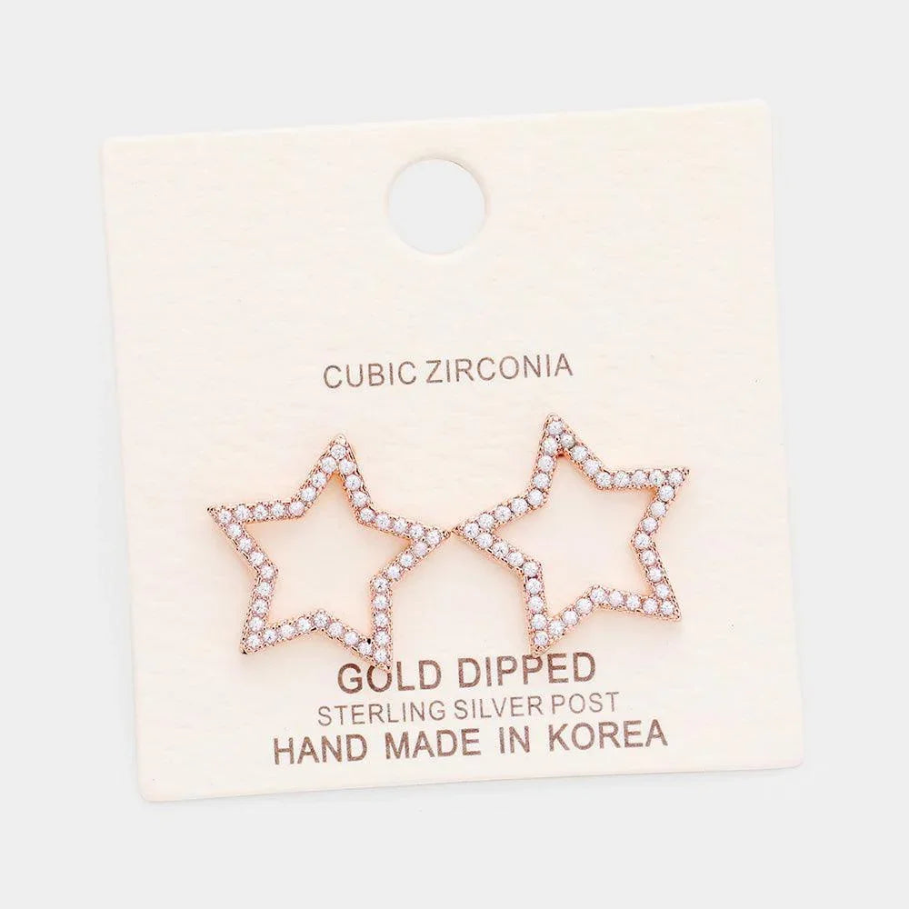 Silver Gold Dipped Cubic Zirconia Open Star Stud Earrings - Jewelry Store by Erik Rayo