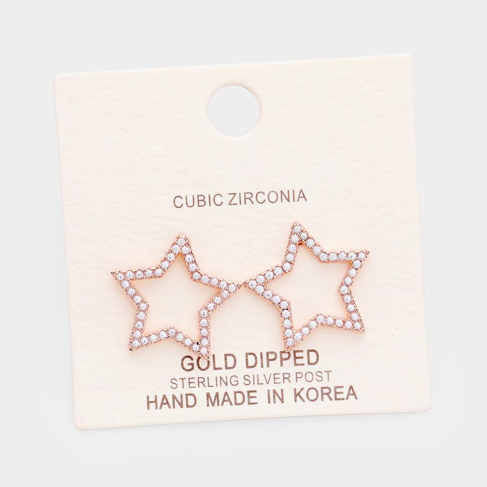 Silver Gold Dipped Cubic Zirconia Open Star Stud Earrings