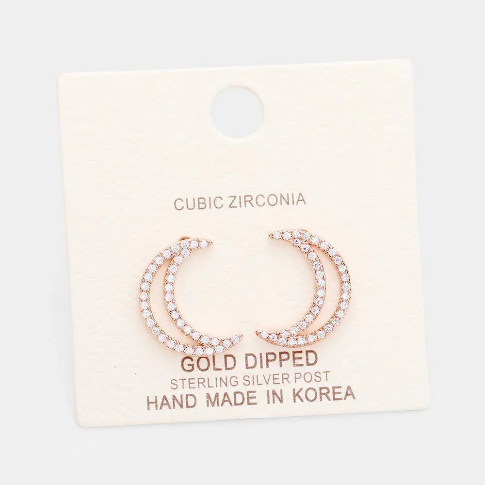 Rose Gold Gold Dipped Cubic Zirconia Moon Metal Stud Earrings - Jewelry Store by Erik Rayo