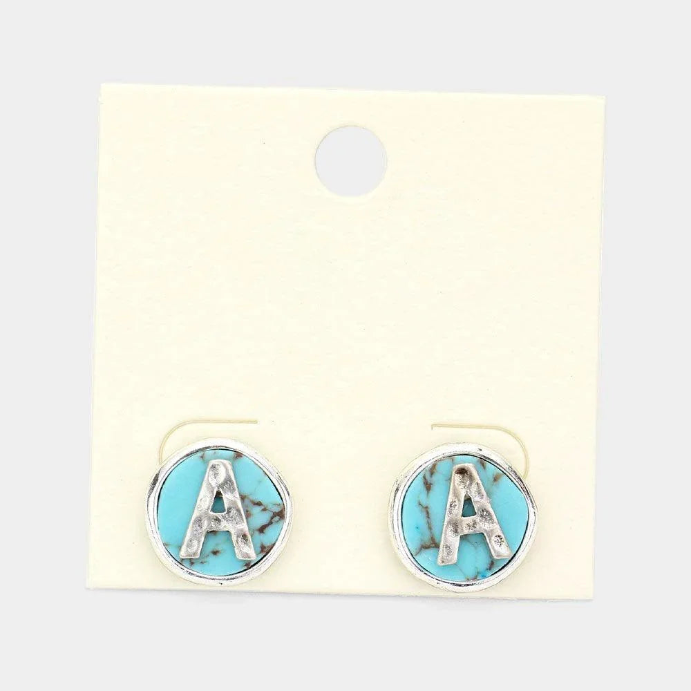 Letter A Monogram Turquoise Stud Earrings - Jewelry Store by Erik Rayo